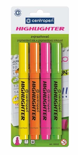 Centropen Assorted Fluorescent Highlighters Clam - Pack of 4