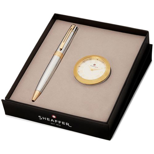 Sheaffer 300 G9342 Ballpoint Pen Bright Chrome With Gold Tone Trim With Gold Plated Table Clock