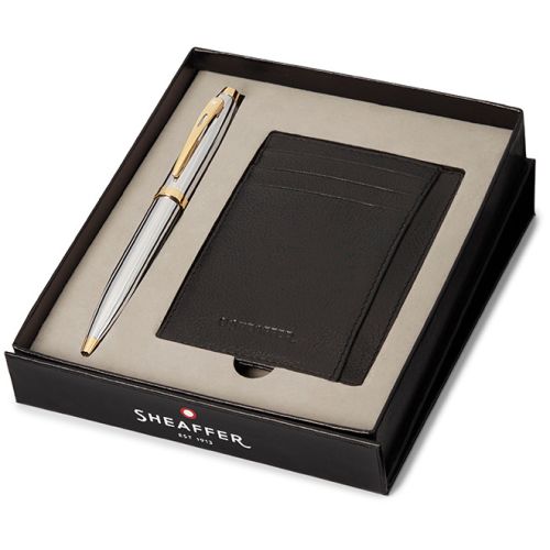 Sheaffer 300 G9342 Ballpoint Pen Bright Chrome With Gold Tone Trim With Credit Card Holder